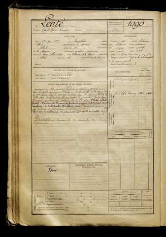 Lenté, Joseph Henri François, né le 24 mai 1887 à Courcelette (Somme), classe 1907, matricule n° 1090, Bureau de recrutement de Péronne