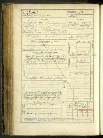 Bazart, Daniel Charles Eugène, né le 8 novembre 1862 à Montdidier (Somme, France), classe 1882, matricule n° 291, Bureau de recrutement de Péronne