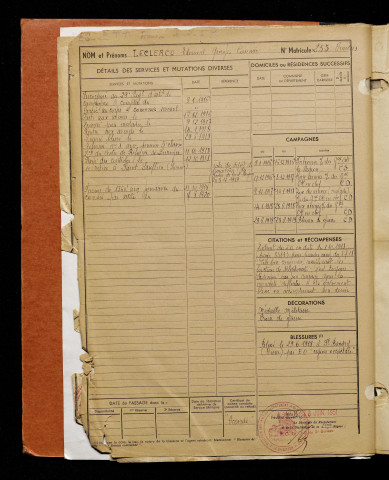 Leclercq, Edouard Georges Casimir, né le 03 mars 1897 à Rumigny (Somme), classe 1917, matricule n° 253, Bureau de recrutement d'Amiens