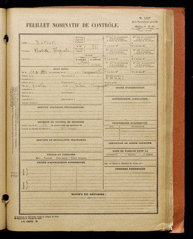 Dufour, Aristide Auguste, né le 21 mars 1893 à Harponville (Somme), classe 1913, matricule n° 981, Bureau de recrutement d'Abbeville