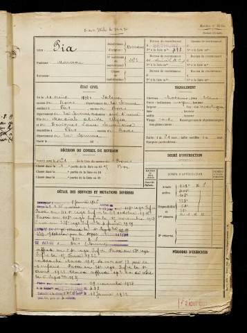 Pia, Marceau, né le 10 août 1897 à Saleux (Somme), classe 1917, matricule n° 263, Bureau de recrutement d'Amiens