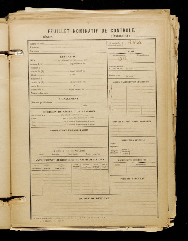 Inconnu, classe 1918, matricule n° 354, Bureau de recrutement de Péronne