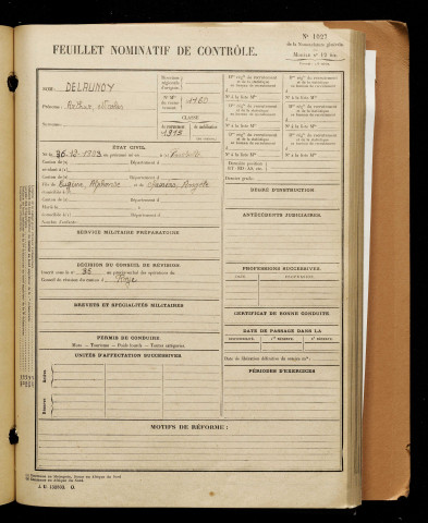 Delaunoy, Arthur Nicolas, né le 06 décembre 1893 à Fonches-Fonchette (Somme), classe 1913, matricule n° 1160, Bureau de recrutement de Péronne