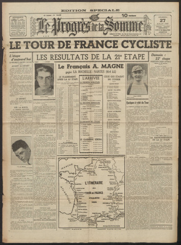 Le Progrès de la Somme, numéro 20046 - Edition spéciale Tour de France cycliste, 27 juillet 1934