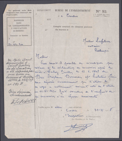 Table des successions et absences du bureau de Corbie