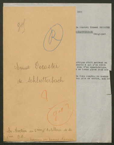 Témoignage de Decoster, Ernest (Général - ex médecin militaire au 6ème d'Artillerie)) et correspondance avec Jacques Péricard