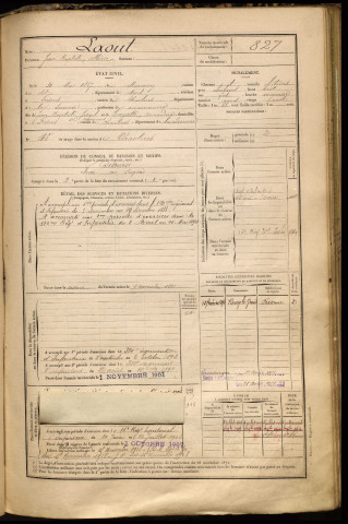 Laout, Jean Baptiste Albéric, né le 30 mai 1867 à Marcoing (Nord), classe 1887, matricule n° 827, Bureau de recrutement de Péronne