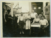 A LITTER OF RATE THAT WERE CAUGHT IN A HOLD. FROM LEFT TO RIGHT. A LIREMAN, TWO PATIENTS, "VIE" STEWARD, BARBER, TWO STOREMEN AN ENGINER