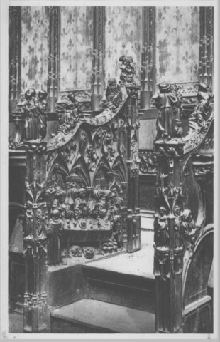 Cathédrale d'Amiens - Les stalles du Choeur (1508-1519) - Escalier J - Rampes - Histoire de Samson - Panneau - Les noces de Cana