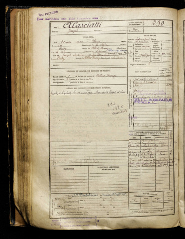 Alasciatti, Joseph, né le 30 août 1900 à Paris 12e Arrondissement (Paris), classe 1920, matricule n° 290, Bureau de recrutement d'Amiens