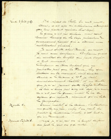Journal manuscrit de Paul Marlière, Sergent au 33e Régiment d'Infanterie, relatant la période du lundi 3 août au mercredi 27 août 1914 (date de son enrôlement jusqu'à la veille de sa mort)