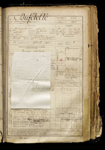 Dufételle, André Joseph Maurice, né le 19 novembre 1881 à Abbeville (Somme), classe 1901, matricule n° 435, Bureau de recrutement d'Abbeville
