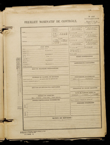 Inconnu, classe 1915, matricule n° 1062, Bureau de recrutement de Péronne