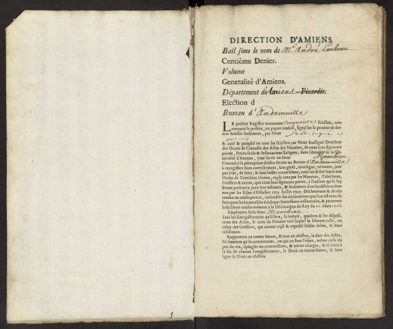 Centième denier du bureau d'Andainville pour la période du 1er mars 1741 au 29 août 1743