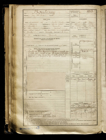 Boutemy, Jean Baptiste Victor, né le 01 décembre 1885 à Sauchy-Cauchy (Pas-de-Calais), classe 1905, matricule n° 1263, Bureau de recrutement d'Abbeville
