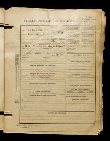 Lefebvre, René Louis Emile, né le 28 décembre 1891 à Longpré-les-Corps-Saints (Somme), classe 1911, matricule n° 1017, Bureau de recrutement d'Abbeville