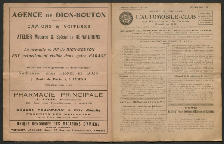 L'Automobile-club de Picardie et de l'Aisne. Revue mensuelle, 124, novembre 1921