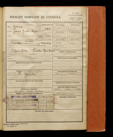 Tuncq, Joseph Nicolas Xavier, né le 06 décembre 1892 à Translay (Le) (Somme), classe 1912, matricule n° 1353, Bureau de recrutement d'Abbeville