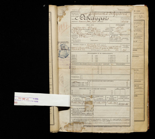 Debeauvais, Auxence Hector Joseph, né le 27 février 1897 à Rubempré (Somme), classe 1917, matricule n° 291, Bureau de recrutement d'Amiens