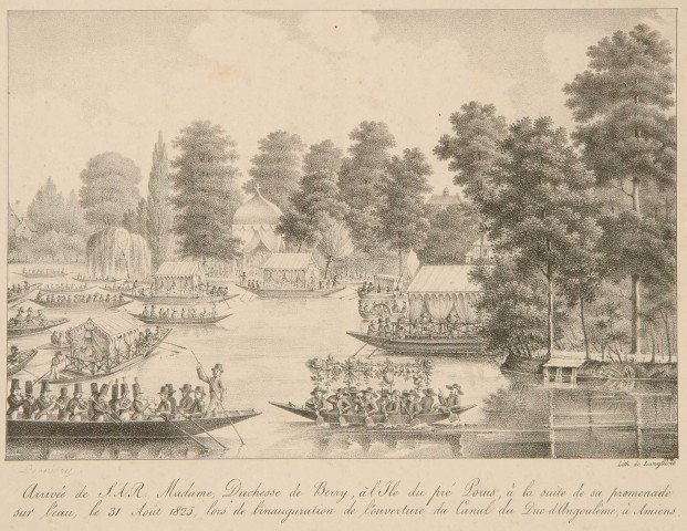 Arrivée de S.A.R. Madame, Duchesse de Berry, à l'Ile du pré Porus, à la suite de sa promenade sur l'eau, le 31 août 1825, lors de l'inauguration de l'ouverture du canal du Duc d'Angoulême, à Amiens