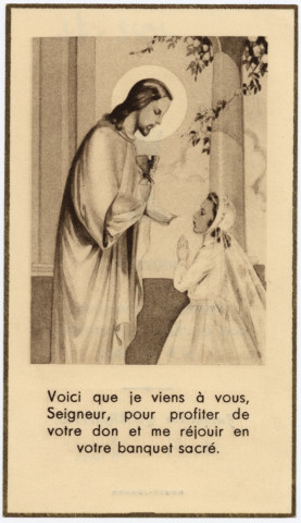 Le Christ donnant la communion à une jeune fille. Souvenir de première communion de Jacqueline Quarante faite en l'église de Montières le 9 juin 1946