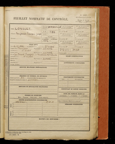 Longuet, Benjamin François Joseph, né le 06 novembre 1892 à Saint-Ouen (Somme), classe 1912, matricule n° 186, Bureau de recrutement d'Abbeville