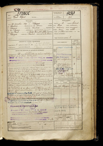 Prince, Paul Alfred, né le 29 décembre 1889 à Chuignes (Somme), classe 1909, matricule n° 959, Bureau de recrutement de Péronne