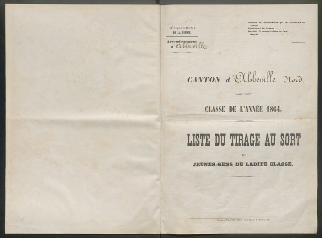 Tirage au sort (arrondissement d'Abbeville) de l'année 1864