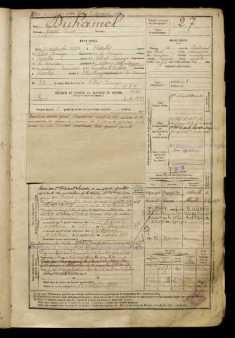 Duhamel, Joseph Louis, né le 13 septembre 1884 à Flesselles (Somme), classe 1904, matricule n° 27, Bureau de recrutement d'Amiens