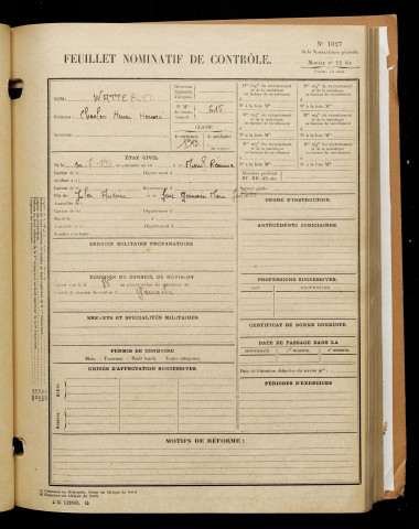 Wattebled, Charles Henri Honoré, né le 30 juillet 1893 à Mesnil-Réaume (Le) (Seine-Maritime), classe 1913, matricule n° 615, Bureau de recrutement d'Abbeville