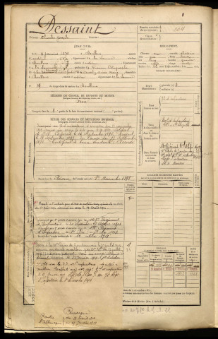 Dessaint, Charles Joseph, né le 06 janvier 1874 à Doullens (Somme), classe 1894, matricule n° 104, Bureau de recrutement d'Abbeville
