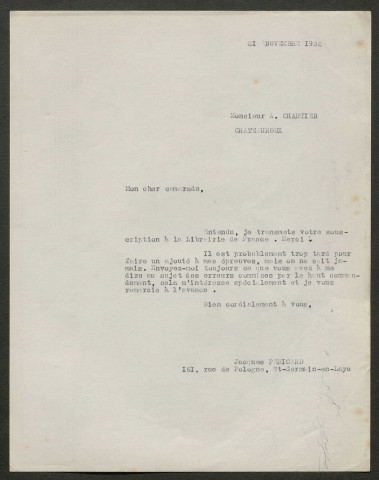 Témoignage de Chartier, Auguste et correspondance avec Jacques Péricard