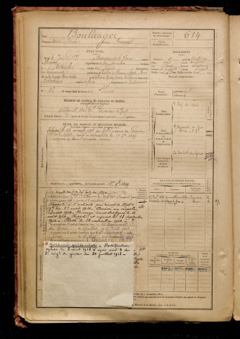 Boulanger, Désiré Irénée, né le 06 juillet 1875 à Beaucamps-le-Vieux (Somme), classe 1895, matricule n° 614, Bureau de recrutement d'Amiens