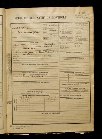 Legrand, Paul Amédée Gustave, né le 30 mars 1892 à Gamaches (Somme), classe 1912, matricule n° 1009, Bureau de recrutement d'Abbeville