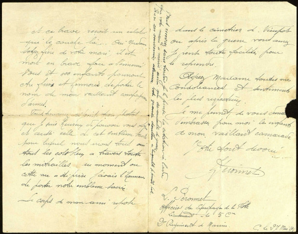 Lettre adressée à Madame Pailler par L. Péronnet, officier des équipages de la flotte, lieutenant à la 5e Compagnie 2e Régiment de marins, annonçant la mort du fusilier marin Jean-Marie Pailler