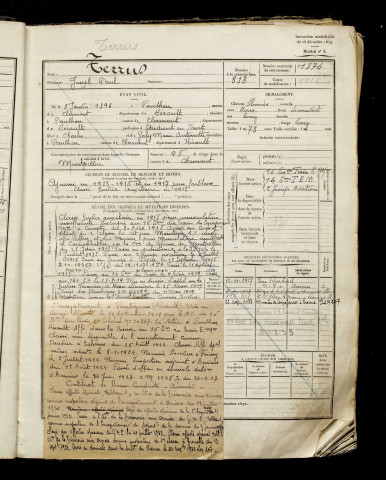 Terrus, Joseph Paul, né le 08 janvier 1896 à Paulhan (Hérault), classe 1916, matricule n° 1874, Bureau de recrutement d'Amiens