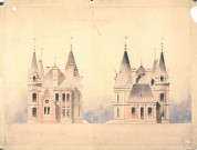 Château de M. de Brandt : dessin des pignons du côté de la chapelle et du côté des cuisines, par l'architecte Paul Delefortrie