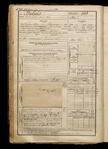Dubois, Charles Joseph David, né le 26 juin 1874 à Brimeux (Pas-de-Calais), classe 1894, matricule n° 548, Bureau de recrutement d'Amiens