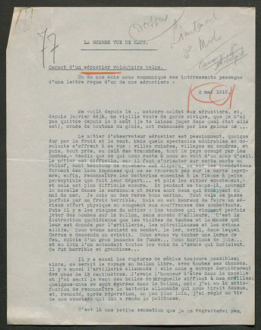 Témoignage de De Mot, Jean (Lieutenant aérostier) et correspondance avec Jacques Péricard