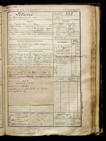 Letierce, Adrien Maurice Joseph, né le 01 juillet 1900 à Coisy (Somme), classe 1920, matricule n° 329, Bureau de recrutement d'Amiens