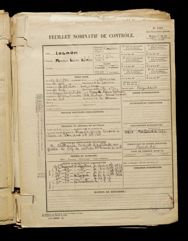 Lognon, Maurice Léon Charles, né le 12 septembre 1890 à Amiens (Somme), classe 1910, matricule n° 614, Bureau de recrutement d'Amiens