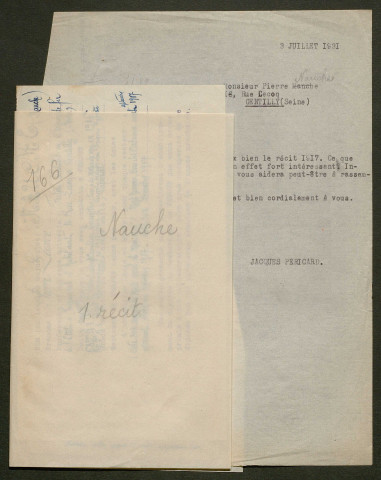 Témoignage de Nauche, Pierre Léonce (Caporal) et correspondance avec Jacques Péricard