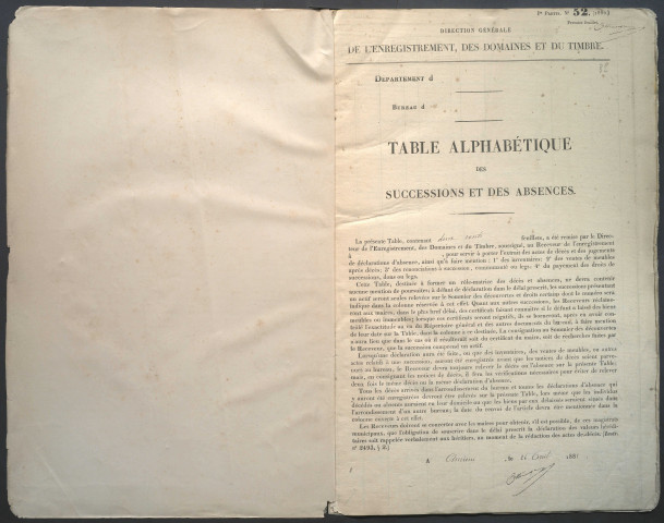 Table des successions et absences du bureau d'Amiens