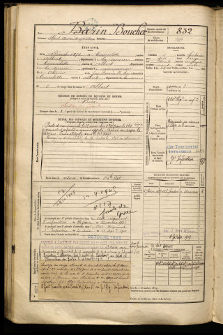 Boucher, Alfred Aimé Augustin, né le 19 décembre 1874 à Courcelette (Somme), classe 1894, matricule n° 832, Bureau de recrutement de Péronne