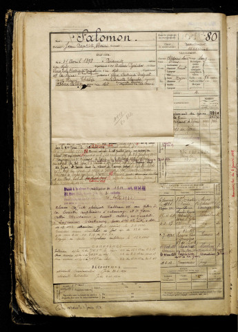 Salomon, Jean Baptiste Henri, né le 21 avril 1898 à Biarritz (Pyrénées-Atlantiques), classe 1918, matricule n° 80, Bureau de recrutement d'Abbeville
