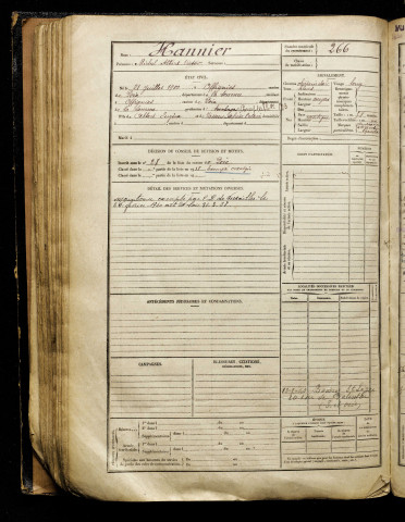 Hannier, Michel Albert Victor, né le 21 juillet 1900 à Offignies (Somme), classe 1920, matricule n° 266, Bureau de recrutement d'Amiens