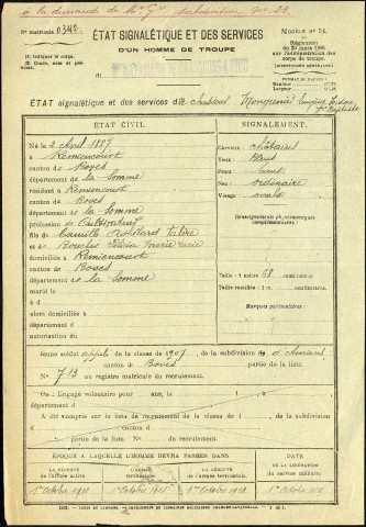 Mongrenier, Eugène Isidore Jean-Baptiste, né le 02 avril 1887 à Remiencourt (Somme), classe 1907, matricule n° 713, Bureau de recrutement d'Amiens
