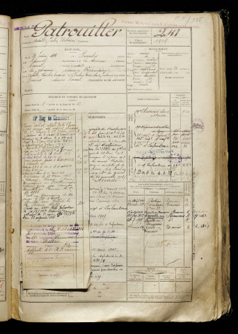 Patrouiller, Achille Jules Urbain, né le 20 juin 1891 à Braches (Somme), classe 1911, matricule n° 241, Bureau de recrutement de Péronne