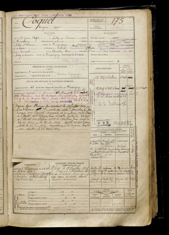 Coquel, Eugène, né le 11 juin 1890 à Ailly-sur-Somme (Somme), classe 1910, matricule n° 175, Bureau de recrutement d'Amiens
