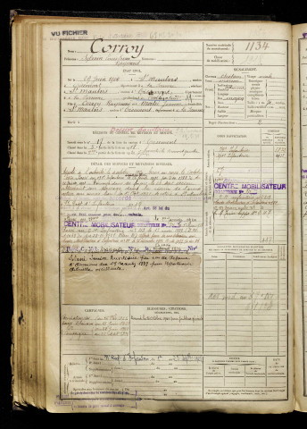 Corroy, Sylvain Louis Pierre Raymond, né le 29 juin 1900 à Saint-Maulvis (Somme), classe 1920, matricule n° 1134, Bureau de recrutement d'Amiens